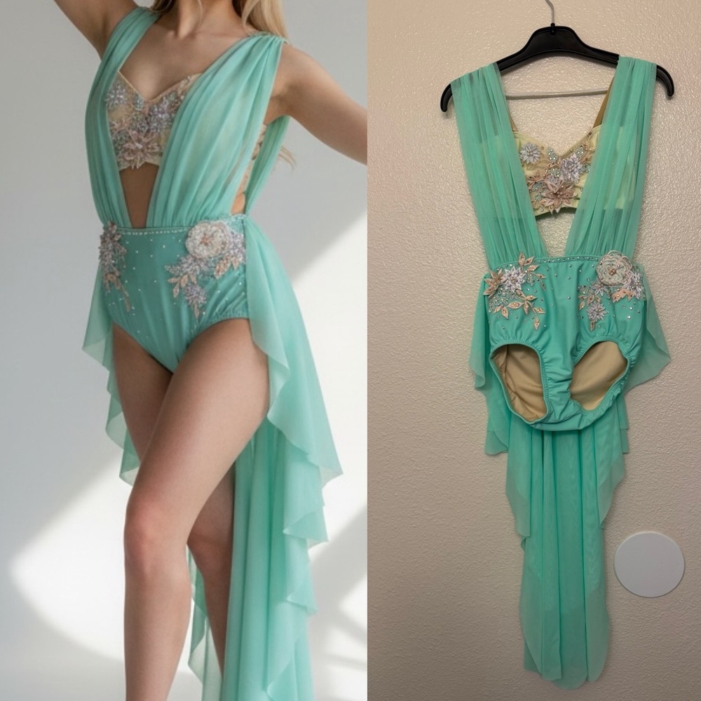 Reverence custom solo dance costume 2 piece mint aqua dress leotard LC child